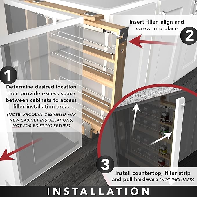 Rev-A-Shelf 3"W x 33"H Pull Out Quad Shelf Organizer for Wall & Base Kitchen Cabinets, Full Extension Filler Spice Rack, Adjustable, Wood, 432-WF33-3C