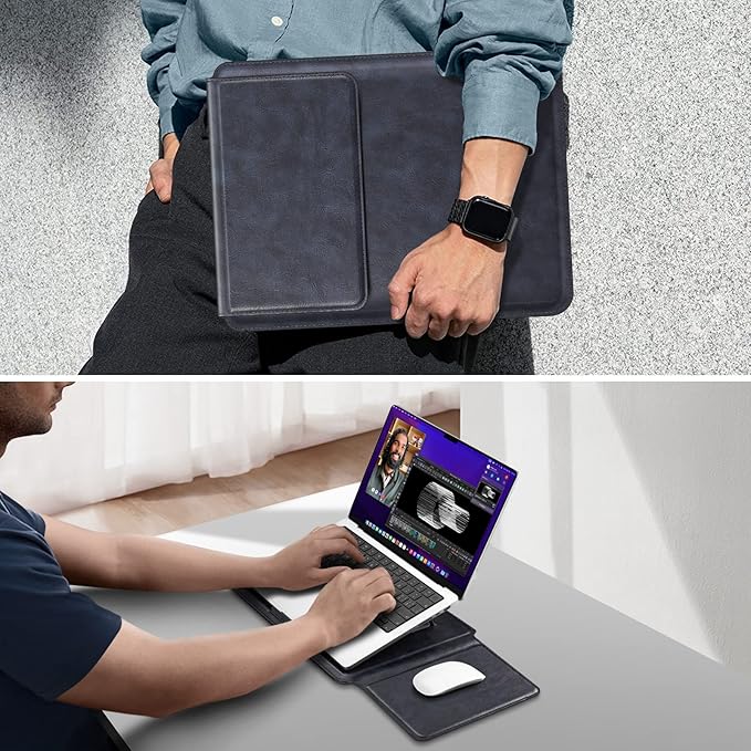 Fintie Sleeve Case for MacBook Air 13.6 A3240 A3113 A2681, Pro 14 A3434 A3401 A3185 A3112 A2992 A2918 A2779 A2442, MacBook Pro/Air 13 - PU Leather Slim Bag Cover with Stand Feature, Navy