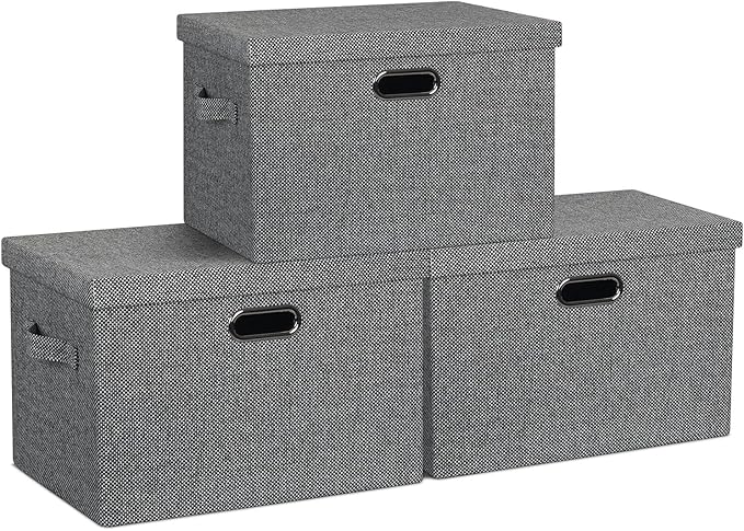 Large 17" 36 Quart Collapsible Stackable Storage Bins with Lids, 3 Packs Black and White Mix Linen Fabric Closet Boxes with Lids, Storage Cube Baskets Container Organizers (17x12x11)