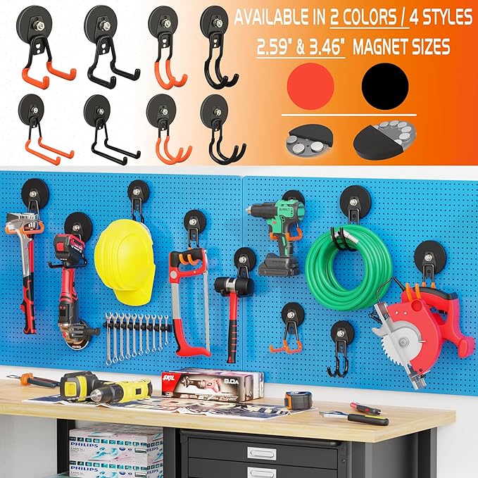 ULIBERMAGNET New Upgraded Large Magnetic Hooks,Strong Heavy Duty Magnet Hooks for Power Drill,Broom,Garden Tools, Pegboard, Garage, Workshop,Hardware, 2 Pack Magnet Storage Holder for Hanging(Black)