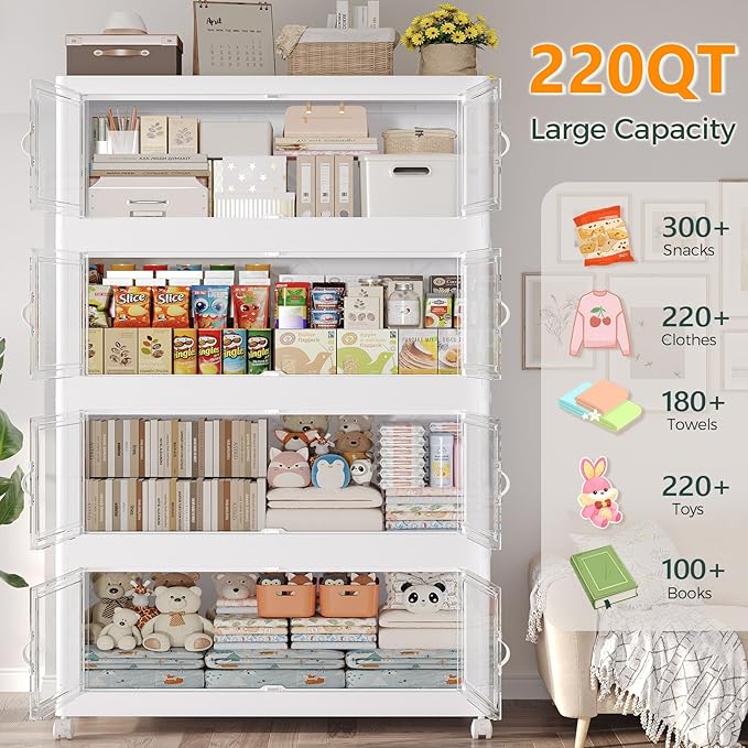 880QT Extra Large Stackable Storage Bins with Lid, 220Gal Collapsible Closet Organizer Box with Wheels, Folding Plastic Storage Cabinet with Doors for Home Kitchen Office Dorm, 4Pack White