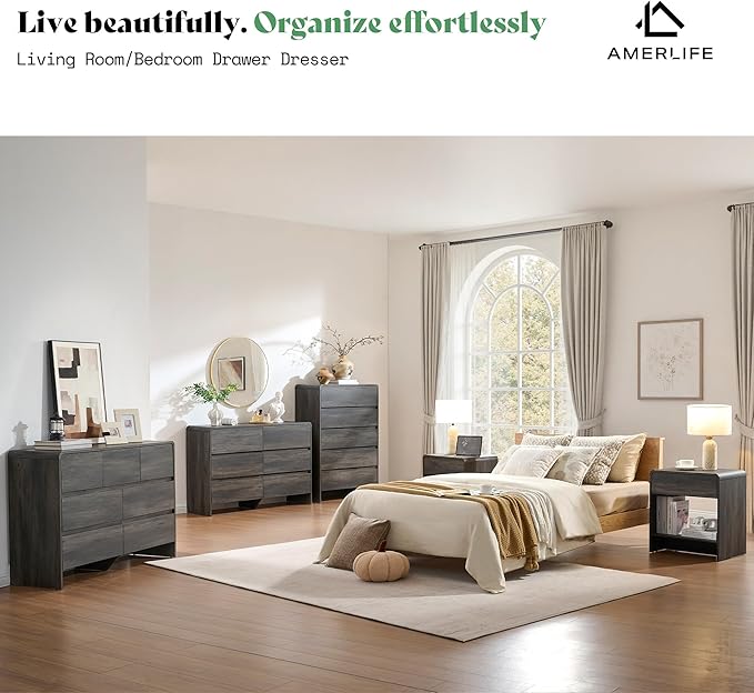 AMERLIFE 7 Drawer Dresser for Bedroom, 49" Wide Modern Chest of Storage Drawers with Rounded Corners, Anti-Tip Kit, Wood Cabinet Organizer for Closet, Living Room, Nursery, Easy Assembly, Black