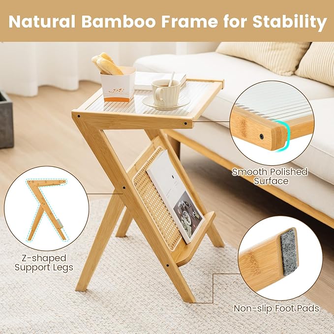 GOFLAME Rattan Side Table Set of 2, Z-Shaped End Table with Tempered Glass Top, Magazine Rack, Boho Night Stand, Small Coffee Table, Bamboo Accent Bedside Table for Living Room, Bedroom, Natural