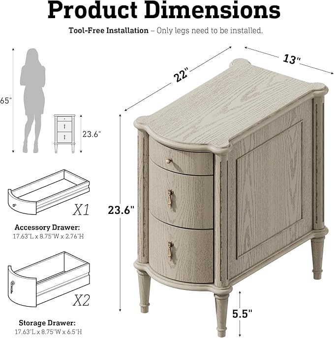 STO'SENSE Nightstand w/Charging Station & 3 Drawers, Pre-Assembled, Vintage Side Table w/Antique-Finished Pulls, Rustic Wood Finish, Narrow End Table w/Turned Legs for Bedroom (1, Antique Grey)