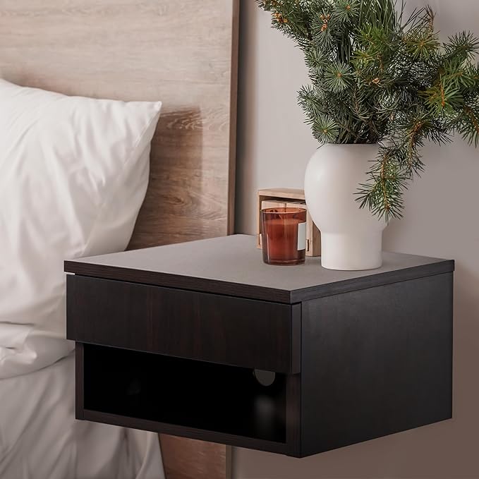 JONATHAN Y NST2002B Ettore 15.71" Mid-Century Modern Floating Wall Mounted Nightstand with Soft-Close Drawer and Cable Hole, Black
