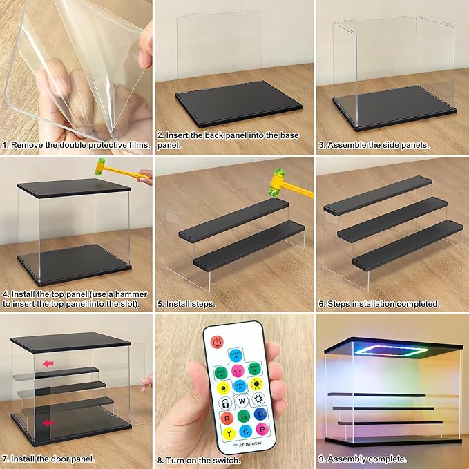 NONEMEY Clear Acrylic Display Case with Light ,3/4/5/6 Tier Multiple Color Lights via Remote Control Dustproof Display Box for Collectibles Figures Mini Toys (5Tier 12.4*12.2*12inch )