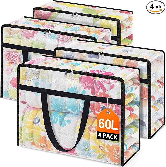 Clear Under Bed Storage Containers - 4 Pack Large Capacity Clothes Storage Bags with Lid & Sturdy Handles, Foldable Moving Bags, Clothing Organizer Totes for Bedding, Comforter, Sheet（60 L）