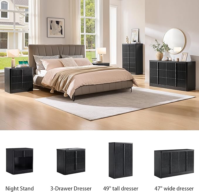 Black Fluted Dresser for Bedroom, Chest of Drawers, 48" Tall 6 Drawer Dresser, Curved Profile Design, Modern Wooden Chest of Drawers with Solid Wood Handle for Living Room, Bedroom