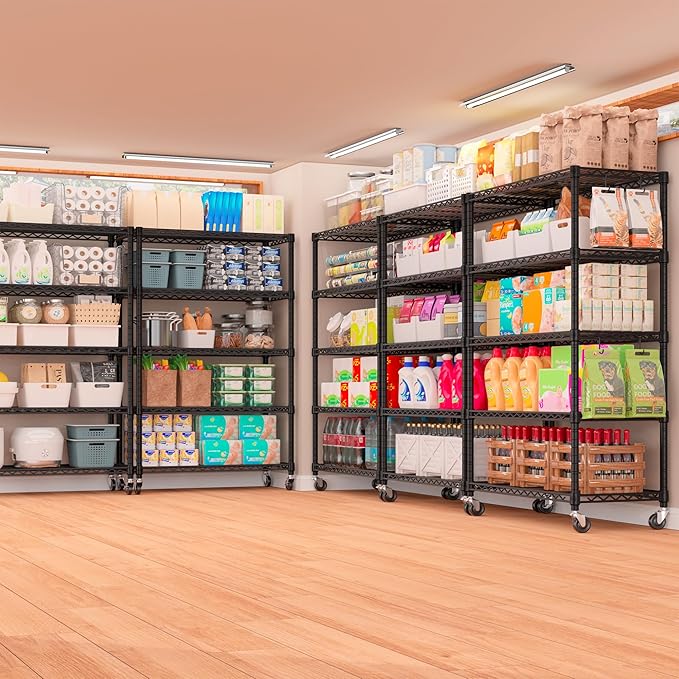 PrimeZone 74''H Wire Shelving 1250lbs 5 Tier Storage Shelves with Wheels NSF Certified Heavy Duty Steel Metal Shelf Adjustable Rolling Rack Kitchen Garage Closet Pantry Laundry 74''HX36''WX14''D
