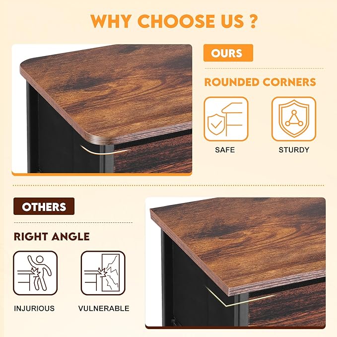 Curved Profile Dresser for Bedroom，5 Fabric Drawer Dresser with Waterproof Wood Top Chest of Drawers for Hallway, Living Room, Kid Room (Rustic Brown)