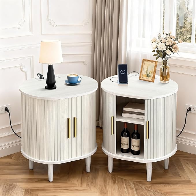 Nightstand with Charging Station, Fluted Accent Side Table with Sliding Door & Adjustable Shelf, Mid-Century Modern End Table for Small Space, Living Room, Bedroom (1, White)