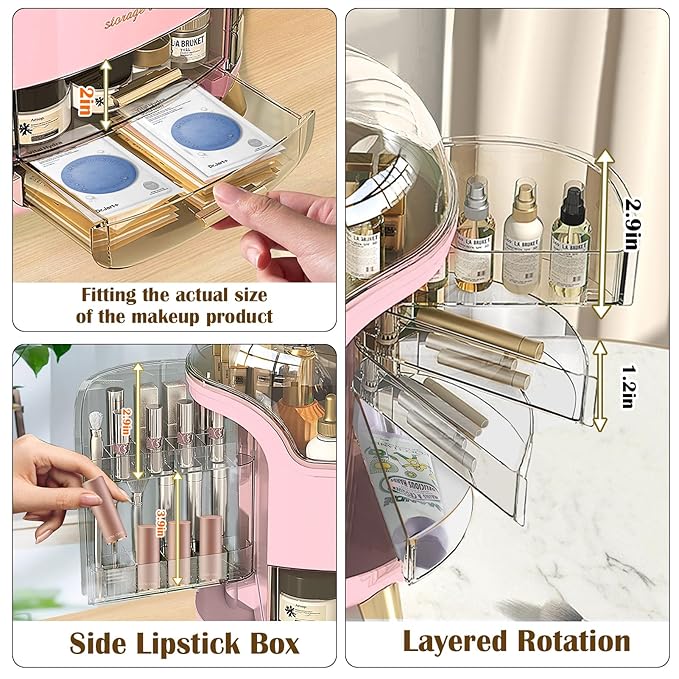 Makeup Organizer & Skincare Organizers, Cosmetic Organizer Box for Countertop with Lid & Drawers, Make Up Storage Organizer with Waterproof & Dustproof Cover, Birthday Gifts for Vanity Women Girls