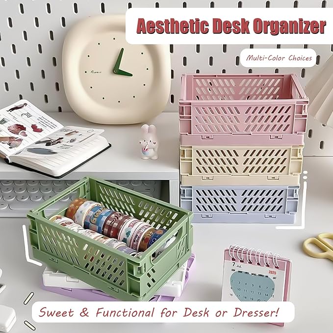 Pastel Plastic Storage Baskets 2 Pack, Collapsible Crates for Organizing, Space-Saving Bins for Kitchen, Office, Bedroom (Orange, Small: 5.8"x 3.8" x 2.2")