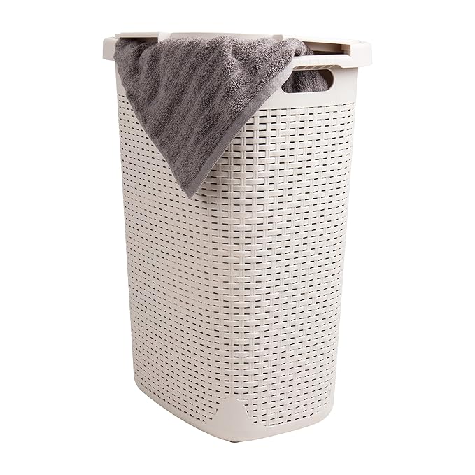 Mind Reader Slim Laundry Hamper with Lid, 60L Clothes Basket, Premium Wicker Design, Plastic, Ivory