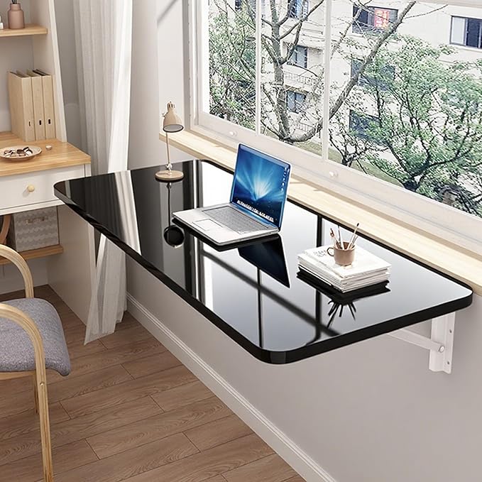 Wall Folding Table for Laundry Room,Floating Desk for Wall Small Spaces,Fold Down Table for Home Office Computer Workstation,Study Work Bench, Kitchen Dining (Black 35.4×19.7inch