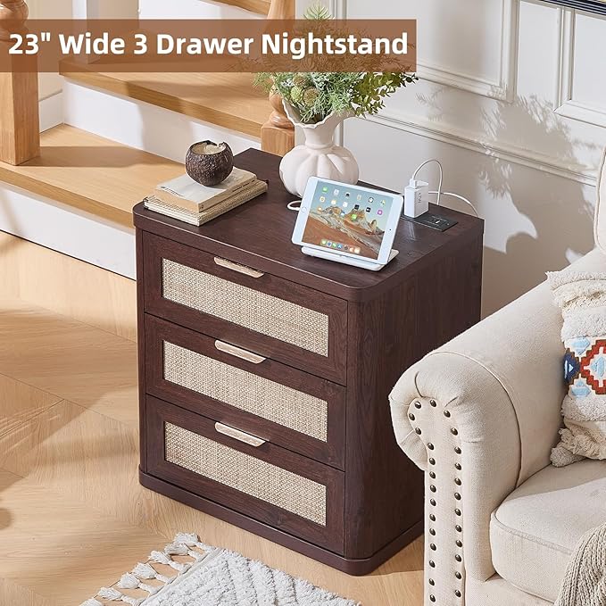 LEYAOYAO Rattan Night Stand with Charger Station, 23" Large 3 Drawer Boho Nightstand, Walnut Bedside Table Storage Cabinet, Bed Side End Tables for Bedroom, Living Room, Hallway