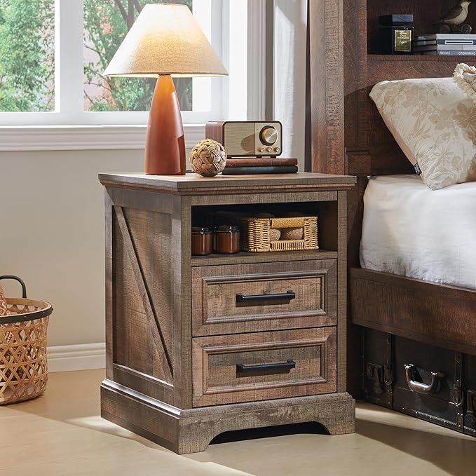 ACCOHOHO 18" Farmhouse Nightstand with Charging Station,End Table with 2 Drawers Storage,Side Table,Bedside Cabinet for Bedroom,Living Room, Light Brown