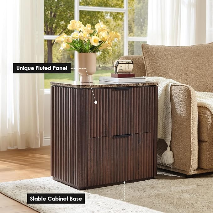 Fluted Nightstand with 2 Drawers, Bedside Table with Faux Marble-Top, Engineered Wood End Table with Curved Corners, Metal Handle, Modern Night Stand for Bedroom, Small Spaces, Dark Oak
