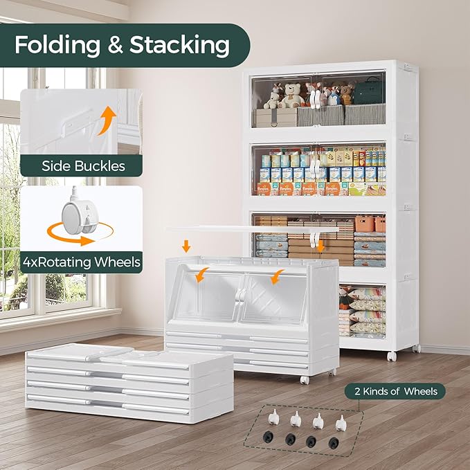 480QT Extra Large Stackable Storage Bins with Lid, 120Gal Collapsible Closet Organizer Box with Wheels, Folding Plastic Storage Cabinet with Doors for Home Kitchen Office Dorm, 4Pack White