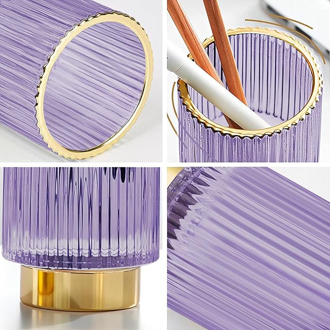 DASITON Makeup Brush holder Organizer,Crystal Cosmetic Makeup Brush Glass Brushes Storage Holder, Vintage Make Up Brush Cup Pen Pencil Holder striped vase(Purple S+L)