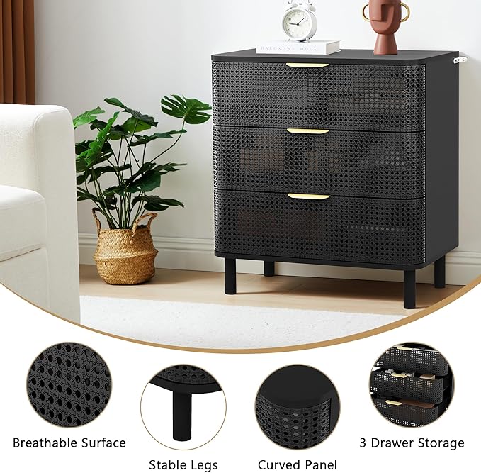 ORRD 3 Drawer Dresser, Modern Iron Rattan Cabinet Dresser for Bedroom, Large Nightstand Accent Storage Chest of Drawers for Living Room, Bedroom - Black