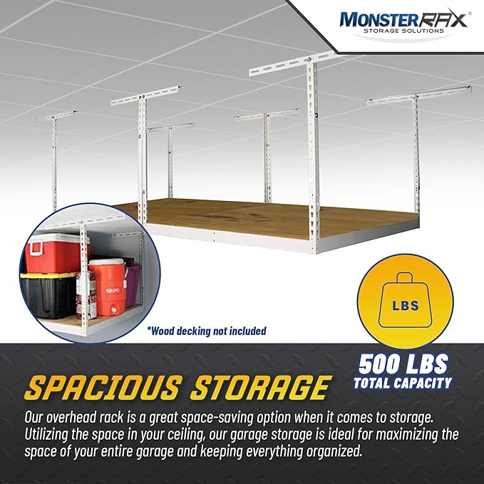 MonsterRax 4x8 Overhead Garage Storage Rack Frame Kit - Hanging Storage Shelves, Ceiling Storage Rack System, Overhead Garage Organizers And Storage, Ceiling Shelving - (White, 18"-33")