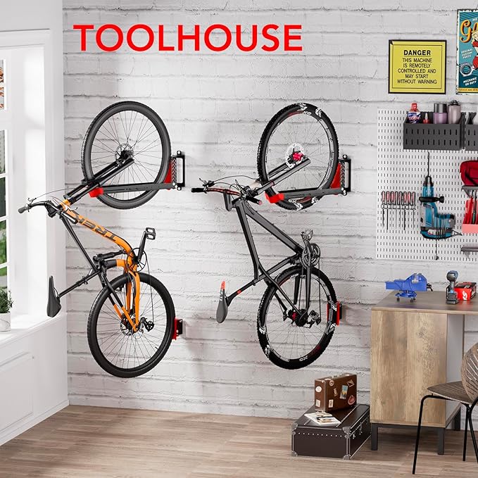 Swivel Bike Rack Wall Mount, Bike Hangers for Garage, Space-Saving Vertical Bike Holder, Holds up to 77 lbs, Bicycle Wall Hanger Storage, No Heavy Lifting Required Indoor Hanging Bike Rack-Red