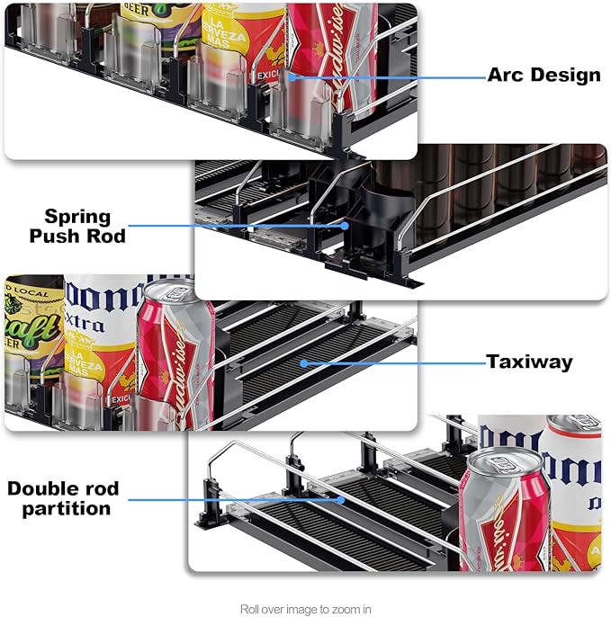 Drink Organizer for Fridge,12oz 16oz 20oz - Soda Can Dispenser for Refrigerator,Width Adjustable,Automatic Pusher Glide (Black, 15"D 6ROW, Holds 30 Cans)