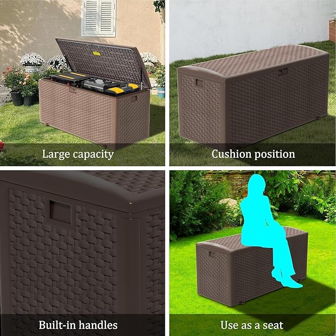 180 Pro Gallon Deck Box,Outdoor Storage Box Lockable,Waterproof for Patio Furniture, Garden Tools, Pool Accessories, Package Delivery Boxes For Outside, Brown