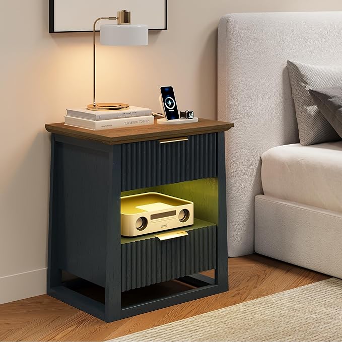 HIFYOBRO Fluted Nightstands with Charging Station & Motion Sensor Light, Modern Bedside Tables with 2 Drawers and Storage Shelf for Bedroom, Living Room,Blue