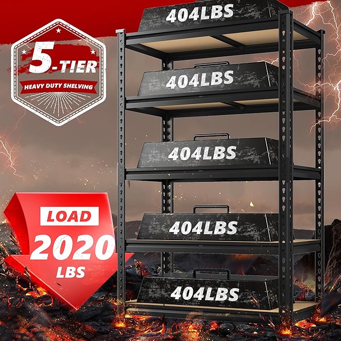 REIBII 2020LBS Garage Shelving Heavy Duty 5 Tier Storage Shelves Adjustable Garage Shelves, Utility Rack Shelf, Shelving Units for Storage Warehouse Pantry Closet, 35.5" W x 11.9" D x 72" H, 2 Pack