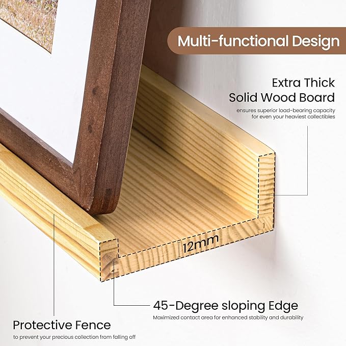 Picture Ledge Shelf, Floating Shelves Set of 2, 48 Inches Solid Wood Nursery Book Shelves for Toys Storage, Kids Bookshelf Wall Mounted for Living Room Bedroom Decor Books Photo Frames, Natural