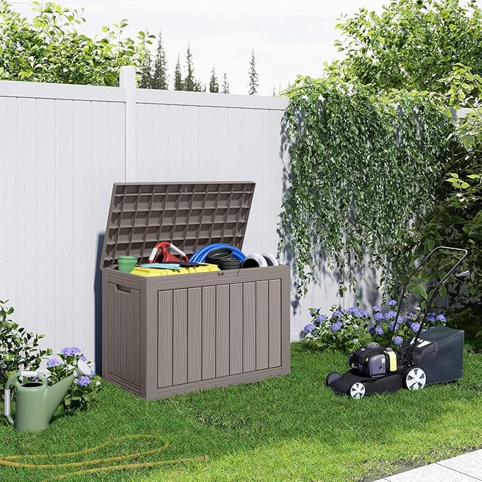 45 Gallon Large Deck Box,Resin Outdoor Storage Box with Lockable for Patio Furniture, Pool Accessories, Garden Tools Waterproof Outside Storage Box, Grey