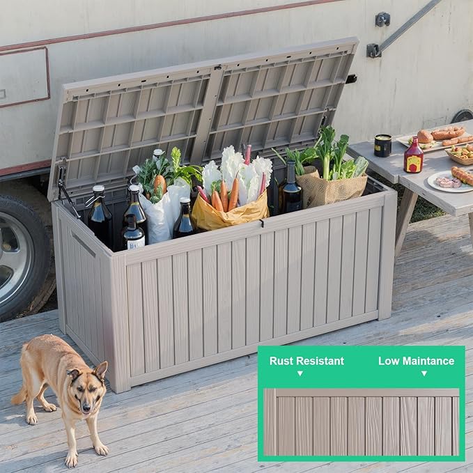 EasyUp 200 Gallon Outdoor Storage Box Waterproof, Lockable Resin Deck Box UV Resistant with Hydraulic Rod, Reinforced Stability for Patio, Garden, and Pool, Striped Gray