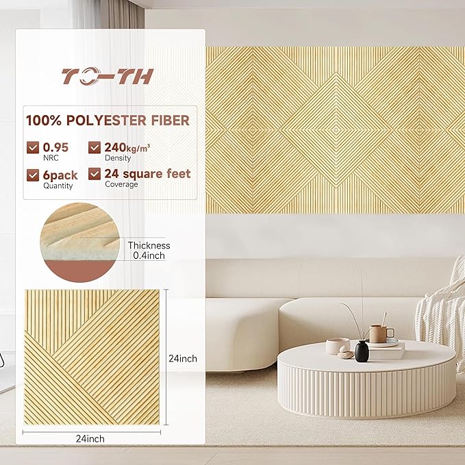 TO-TH Acoustic Wall Panels,6 Pack Total Size 72 x 48 Inches,Self-Adhesive Decorative Acoustic Panels for Wall and Ceiling,3D UV Printing with Wood Look,Natural Oak
