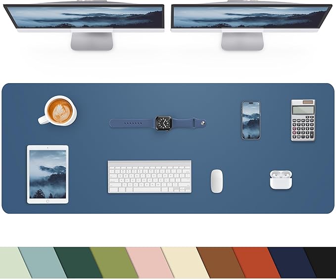Leather Desk Pad Protector, Office Mat, Large Mouse Pad, Non-Slip Blotter, Laptop Pad, Waterproof Writing Pad for Office & Home (Grey Blue, 40" x 17")