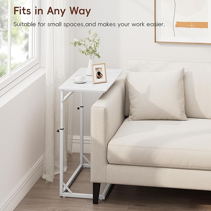 Vagusicc C Shaped End Table, Tall Side Table for Couch, C-Table End Table Adjustable Height Side Table, Large Surface Sofa Table TV Tray, Slide Under Couch Table for Sofa, Living Room, Bedroom, White