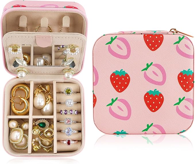 Strawberry Travel Jewelry Case Organizer, Small Jewelry Box For Rings Earrings Necklaces Lipsticks Storage Holder Case,Women Girl Birthday Christmas Gift