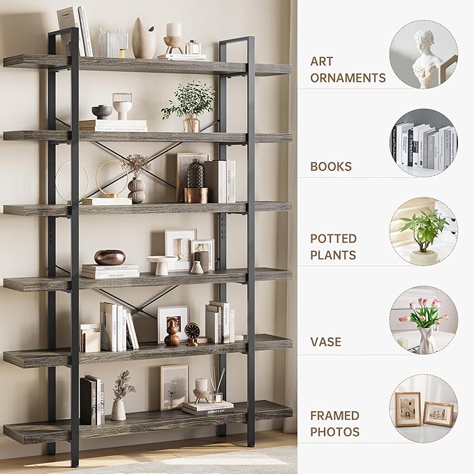 Bookshelf Set, Heavy Duty 6-Tier Industrial Bookcase, 47" Wide Wood Bookshelf for Home Office, 120lbs Shelf Capacity, Rustic Open Display with Horizontal Shelf for Living Room Bedroom, Grey