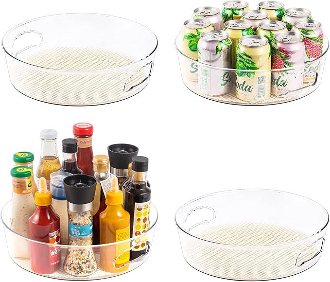 4 Pack Lazy Susan Organizer with Non-Skid Liners, 12-inch Spinning Turntable with Handle, Spice and Refrigerator Organizers, Pantry Organizers and Storage, Round