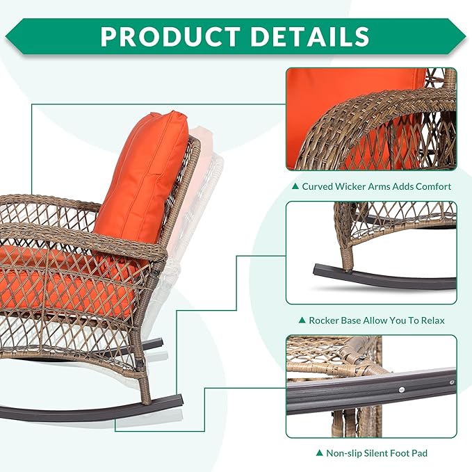 VIVIJASON 2 Piece Patio Wicker Rattan Rocker Chair, Outdoor Rattan Rocker Chair with Cushions & Steel Frame, All-Weather Rocking Lawn Wicker Furniture for Garden Backyard Porch (Orange)