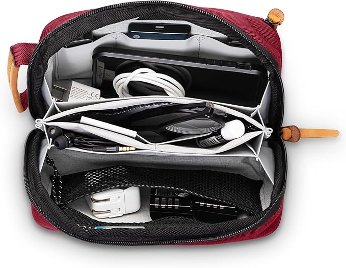 Tech Bag Organizer - Small Electronics Organizer Pouch for Travel - Premium Travel Case with Leather Accents - Mesh Pocket for Cables, Cords and Chargers (Red)