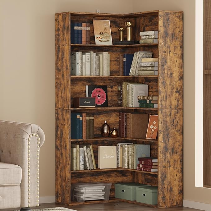 ANCTOR Corner Bookshelf, 6 Tiers Corner Bookcases with Baffles Etagere Shelf Storage Rack for Living Room Home Office, Vintage Brown