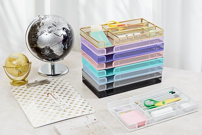 Annova Desk Drawer Organizer Tray for Office Organization - Metal Mesh - Storage Tray with Dividers for Pens, Desktop Accessories, Bathroom, Kitchen, Makeup and Office Supplies (Small, White)