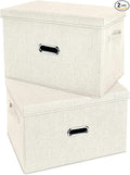 Large Linen Fabric Foldable Storage Bins with Removable Lid and Handles, Washable Storage Box Organizer Containers Baskets Cube with Cover for Bedroom,Office(Cream, Large(2-Pack))