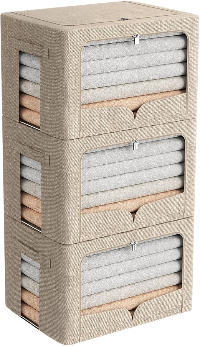 FHSQX 3 Pack Clothes Storage Bins Foldable Metal Frame Storage Box Stackable Linen Fabric Organizer Set with Carrying Handles and Clear Window (Beige, 15.7x11.8x11.8inch(36L))