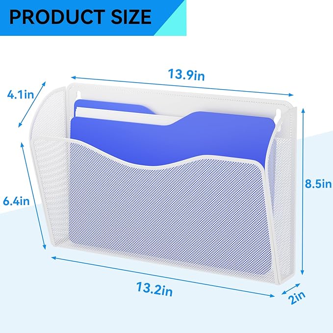 6 Single Pocket Wall File Holder, Mesh Hanging File Folder Paper Organizer, Vertical Wall Mounted Mail Basket, Storage Organization Magazine Rack for Office, Home and School, White