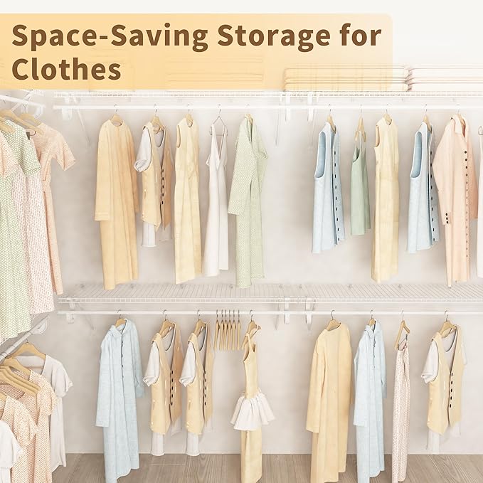 Closet Shelves Wall Mounted with Hanging Rod, 2 Pack 4 ft x 12 in White Wire Shelving Kit, Metal Wall Shelf Organizer for Home, Pantry, Laundry Room Storage