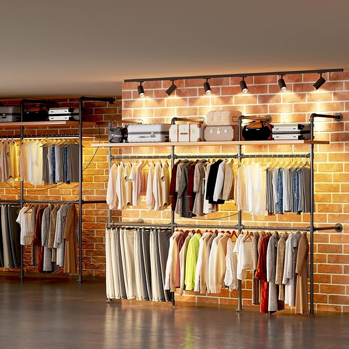 Industrial Pipe Clothing Rack, Reversible 118.3'' Clothes Rack for Hanging Clothes, Black Wall Clothing Rack Wall Mounted Rack for Walk-in Closet, Laundry Room or Retail Display (丨丨丨)