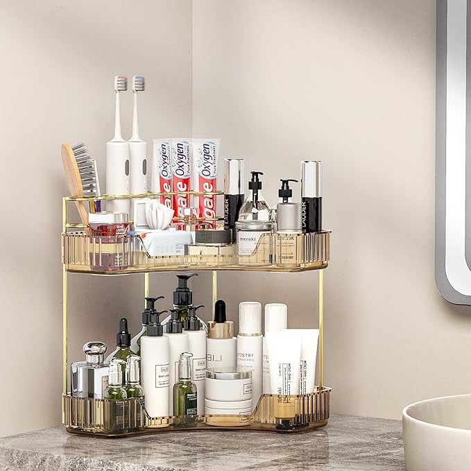 Corner Bathroom Counter Organizer with Top Toothbrush Holders, 2-Tier Make Up Organizers for Vanity with Brush Holder, Corner Storage for Bathroom, Kitchen, Dresser